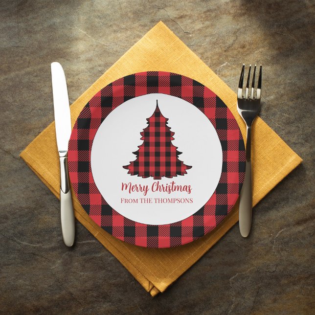 Plato De Papel Patrón de verificación de búfalo navideño (Simple rustic red and black buffalo check pattern Christmas paper plate. )