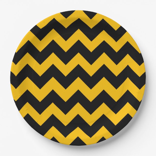 Plato De Papel Patrón de zigzag de Chevron amarillo negro (Anverso)