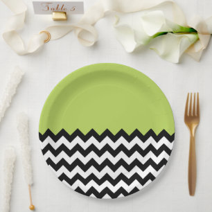 Plato De Papel Patrón de zigzag negro y blanco, chevron, verde
