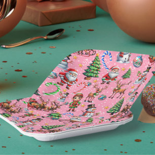 Plato De Papel Patrón decorativo de Navidad con fondo rosa