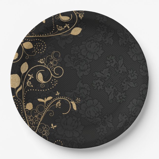 Plato De Papel Patrón decorativo negro y dorado (Anverso)