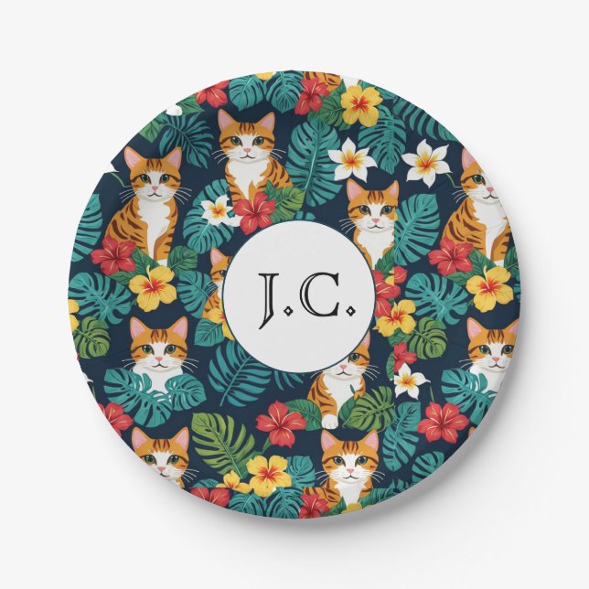Plato De Papel Patrón del estilo de las camisas hawaianas de gato (Anverso)