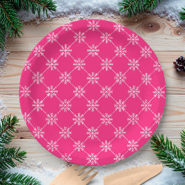 Plato De Papel Patrón diagonal cuadrado de copos de nieve rosa