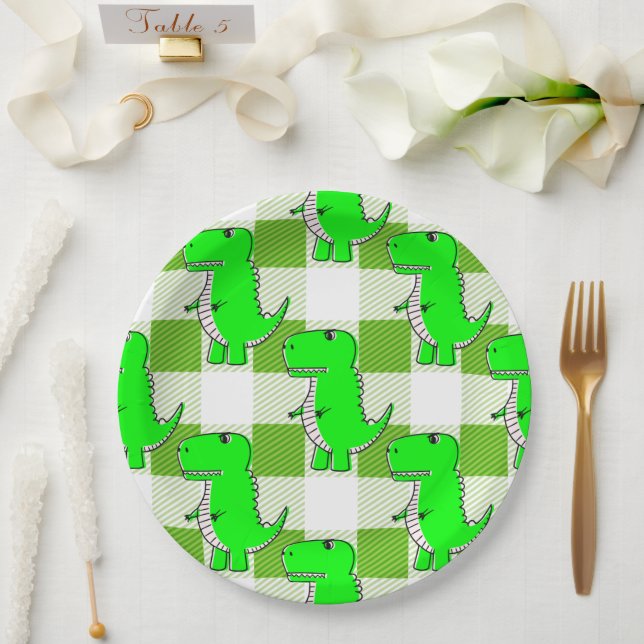 Plato De Papel Patrón Dino Tartán de Placa Verde y Blanco (Boda)