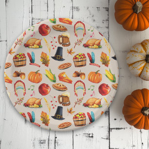 Plato De Papel Patrón Divertido de Acción de Gracias de Calabaza