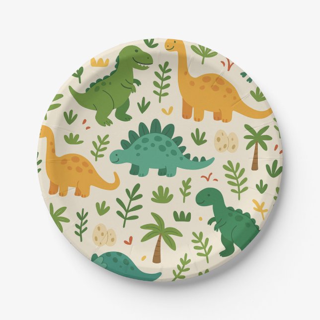 Plato De Papel Patrón Divertido de Dinosaurios Prehistóricos Cump (Anverso)