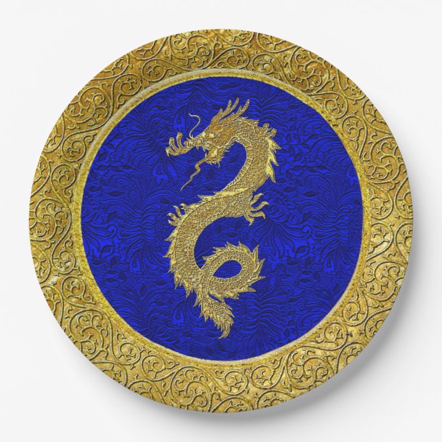 Plato De Papel Patrón Dragon azul y dorado (Anverso)