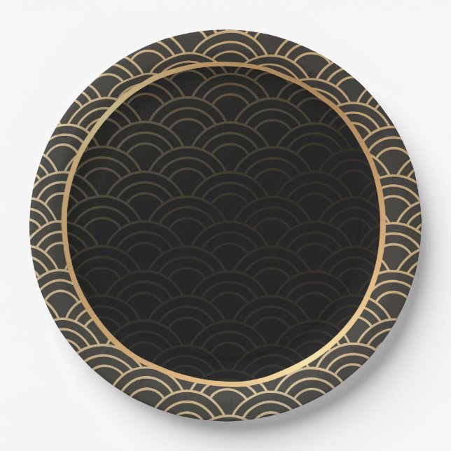 Plato De Papel Patrón elegante de oro y negro (Anverso)