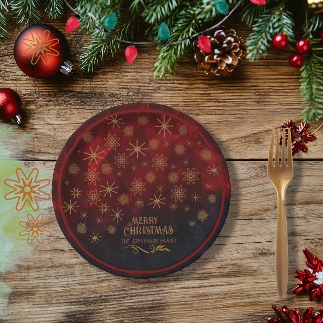 Plato De Papel Patrón elegante ORO ROJO Feliz Navidad (Elegant Pattern RED GOLD Merry Christmas Paper Plates)