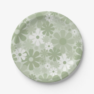 Plato De Papel Patrón estético floral de los años 70 retro verde