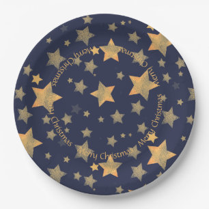 Plato De Papel Patrón estrella de oro azul elegante Navidad vinta