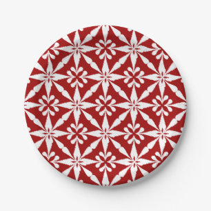 Plato De Papel Patrón Estrella Ikat - Blanco y rojo oscuro