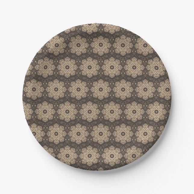 Plato De Papel Patrón étnico de mandala beige y negro (Anverso)
