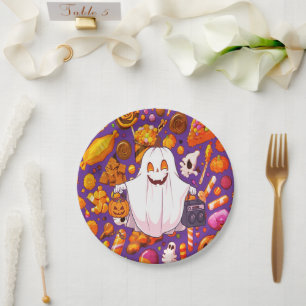 Plato De Papel Patrón fantasma de calabaza lindo Halloween