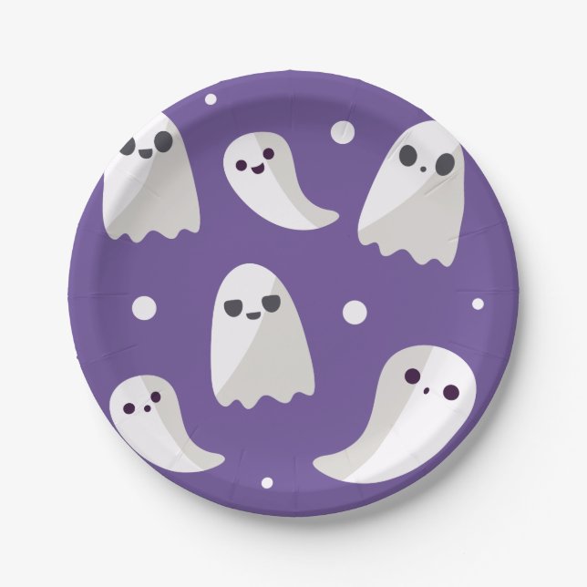 Plato De Papel Patrón fantasma morado de Halloween (Anverso)