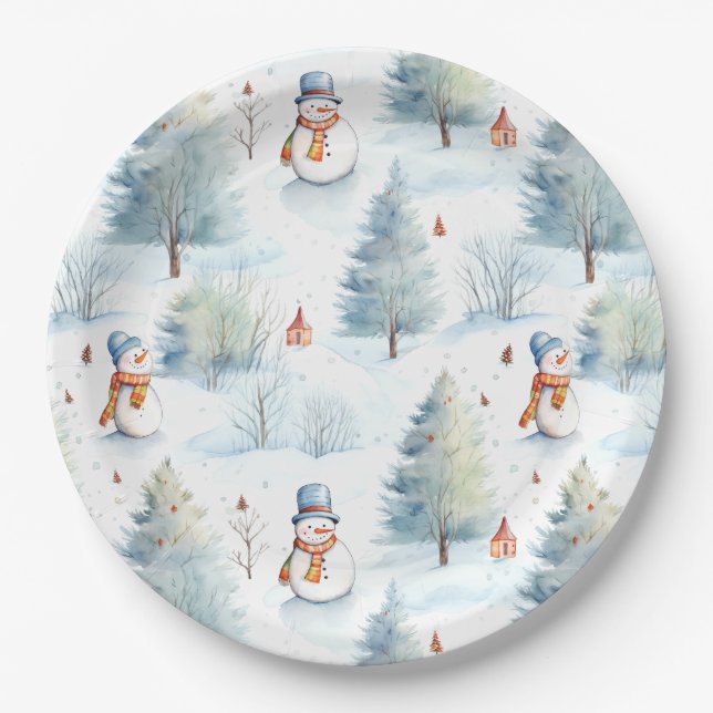 Plato De Papel Patrón feliz de nieve (Anverso)