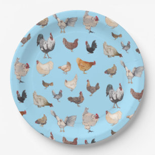 Plato De Papel Patrón feliz de pollo en azul