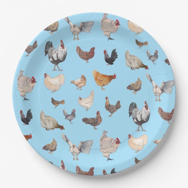 Plato De Papel Patrón feliz de pollo en azul (Anverso)