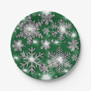 Plato De Papel Patrón festivo de copo de nieve verde plateado bri