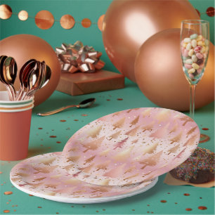 Plato De Papel Patrón festivo de los árboles de oro de rosa rosad