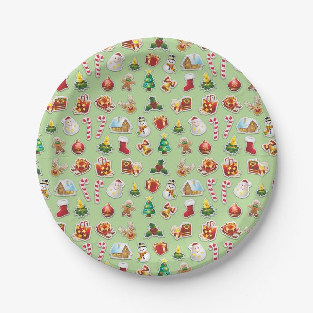 Plato De Papel Patrón festivo de los stickers de Navidad (Anverso)