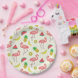 Plato De Papel Patrón Flamingo con sandía y piña