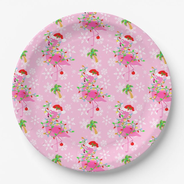 Plato De Papel Patrón Flamingo Rosa navidad (Anverso)