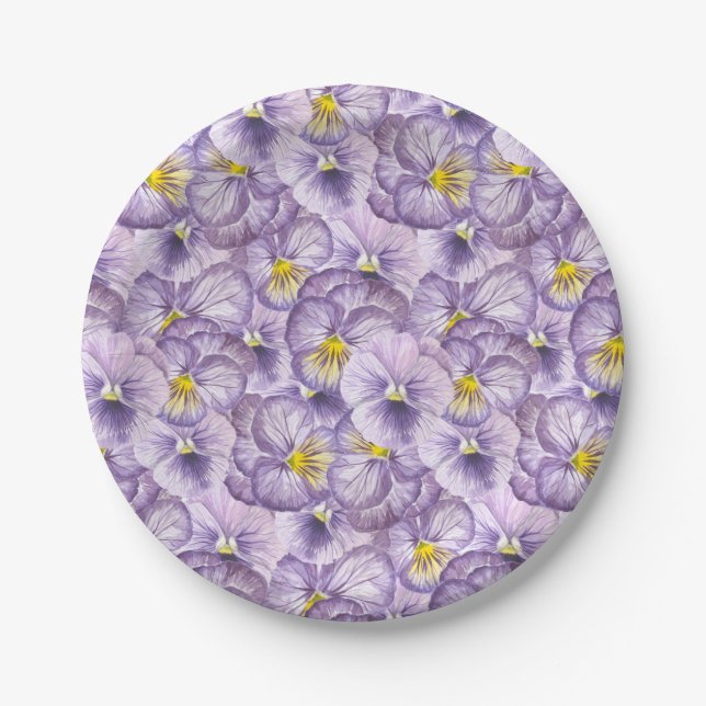 Plato De Papel Patrón floral acuarela con paneles violetas (Anverso)