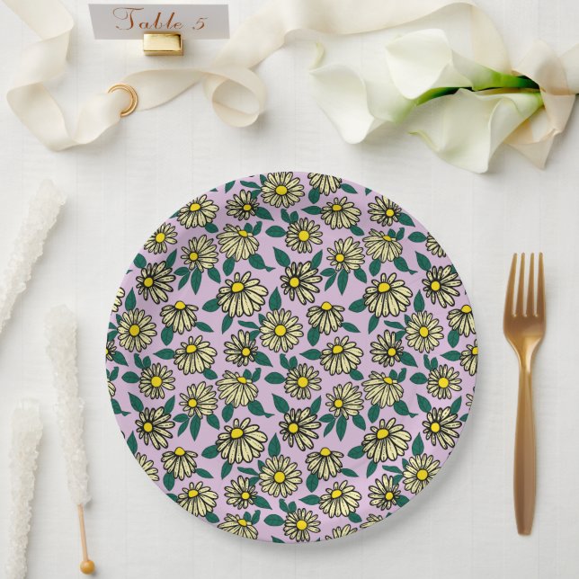 Plato De Papel Patrón floral amarillo (Boda)