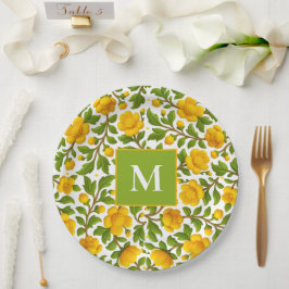 Plato De Papel Patrón floral amarillo - Monograma personalizado