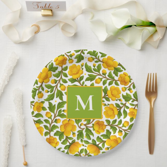 Plato De Papel Patrón floral amarillo - Monograma personalizado (Boda)