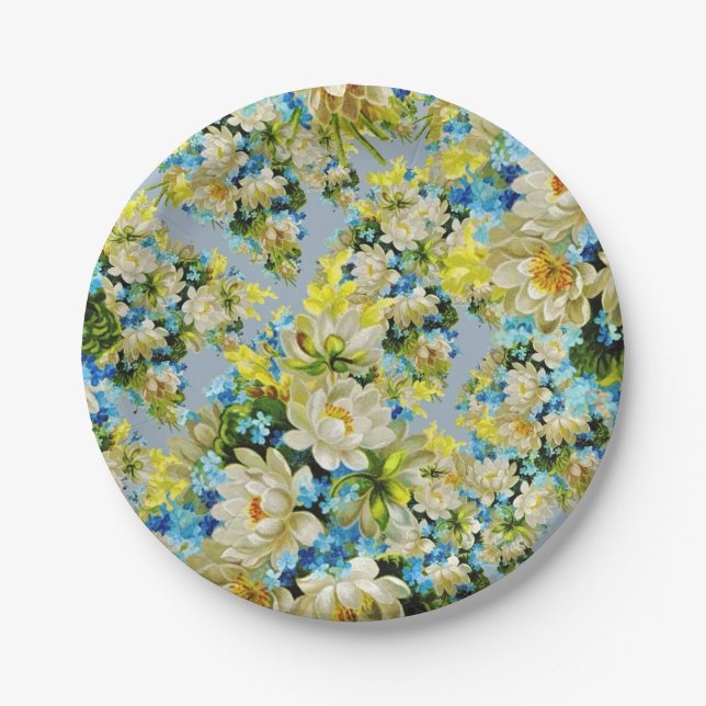 Plato De Papel Patrón floral amarillo y azul vintado (Anverso)
