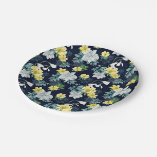 Plato De Papel Patrón floral amarillo y gris