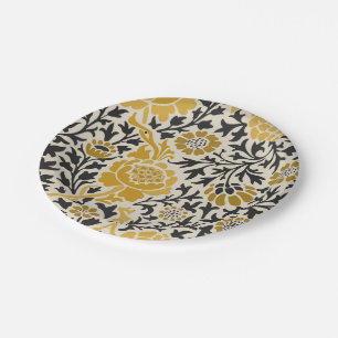 Plato De Papel Patrón floral amarillo y negro de estilo vintage