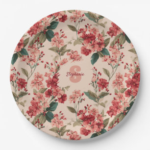 Plato De Papel Patrón floral azalea rosado vintage - clásico