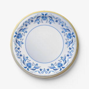 Plato De Papel Patrón floral azul blanco cerámico con aspecto d