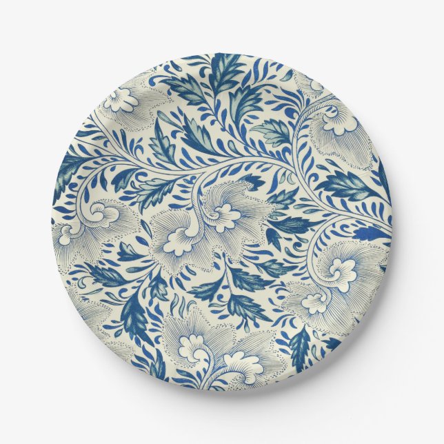 Plato De Papel Patrón floral azul Diseño antiguo asiático (Anverso)