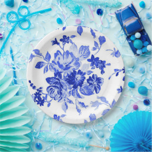 Plato De Papel Patrón floral azul vintage