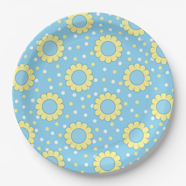Plato De Papel Patrón floral azul y amarillo (Anverso)