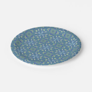 Plato De Papel Patrón floral azul y verde sin fisuras 