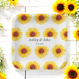 Plato De Papel Patrón floral blanco amarillo girasol