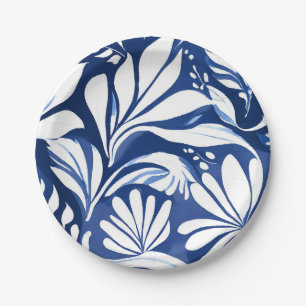 Plato De Papel Patrón floral botánico acuarela azul blanco