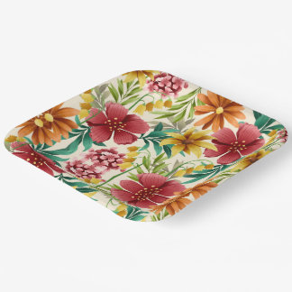 Plato De Papel Patrón floral colorido con hibisco rojo