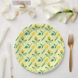 Plato De Papel Patrón floral con flores amarillas de rosa y tulip