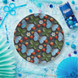 Plato De Papel Patrón floral con mariposas Morpho azules