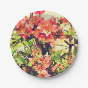 Plato De Papel Patrón floral de acuarela rosa rojo 1