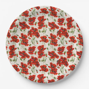 Plato De Papel Patrón Floral de Amapola Roja Vintage Arte Botánic