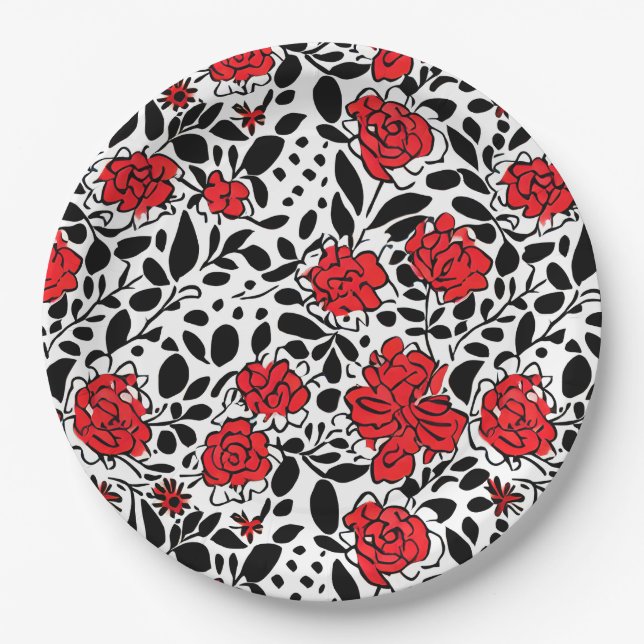 Plato De Papel Patrón floral de bonito en rojo, negro y blanco (Anverso)
