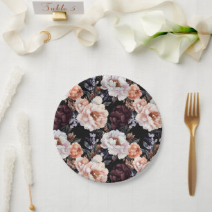 Plato De Papel Patrón floral de Borgoña Peonies