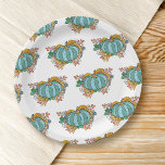 Plato De Papel Patrón floral de caída de calabaza verde azulada<br><div class="desc">Añada un toque de encanto a sus celebraciones de otoño con estas Verde azuladas Placas de papel de patrón floral de calabaza. Con una vibrante calabaza verde azulada rodeada por un elegante arreglo de flores de otoño, incluyendo girasoles, estos platos son perfectos para crear un ambiente elegante y apto para...</div>